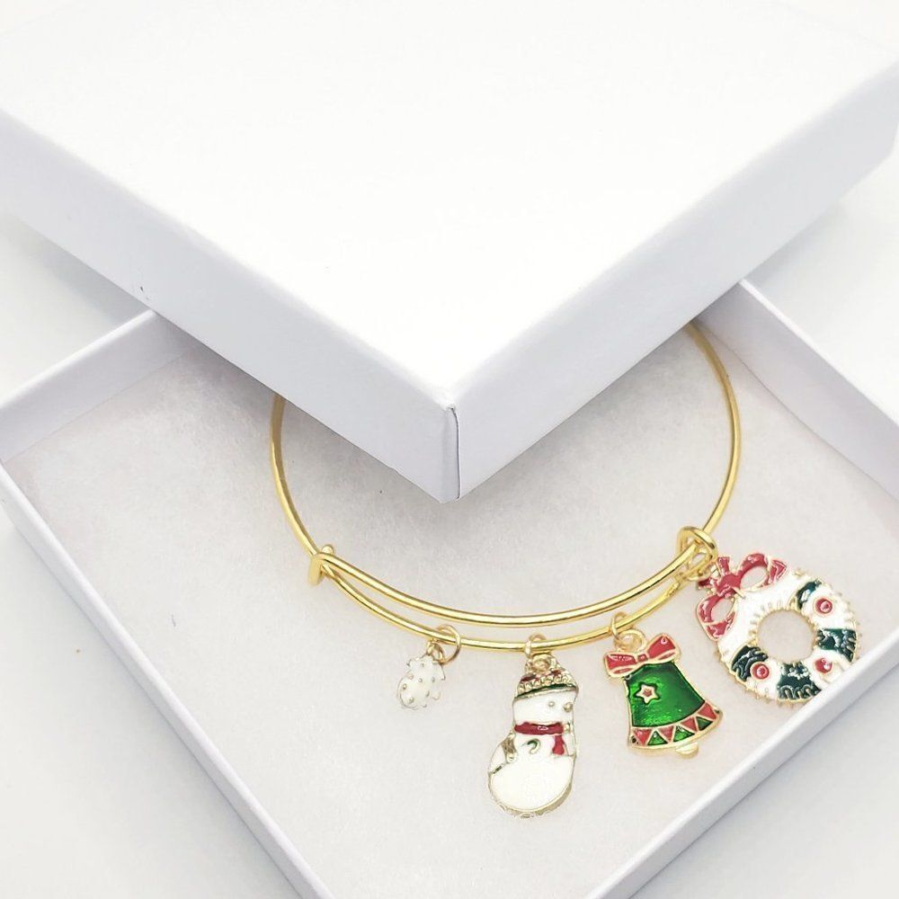 Christmas Snowman Bracelet, Gold Adjustable Charm Jewelry